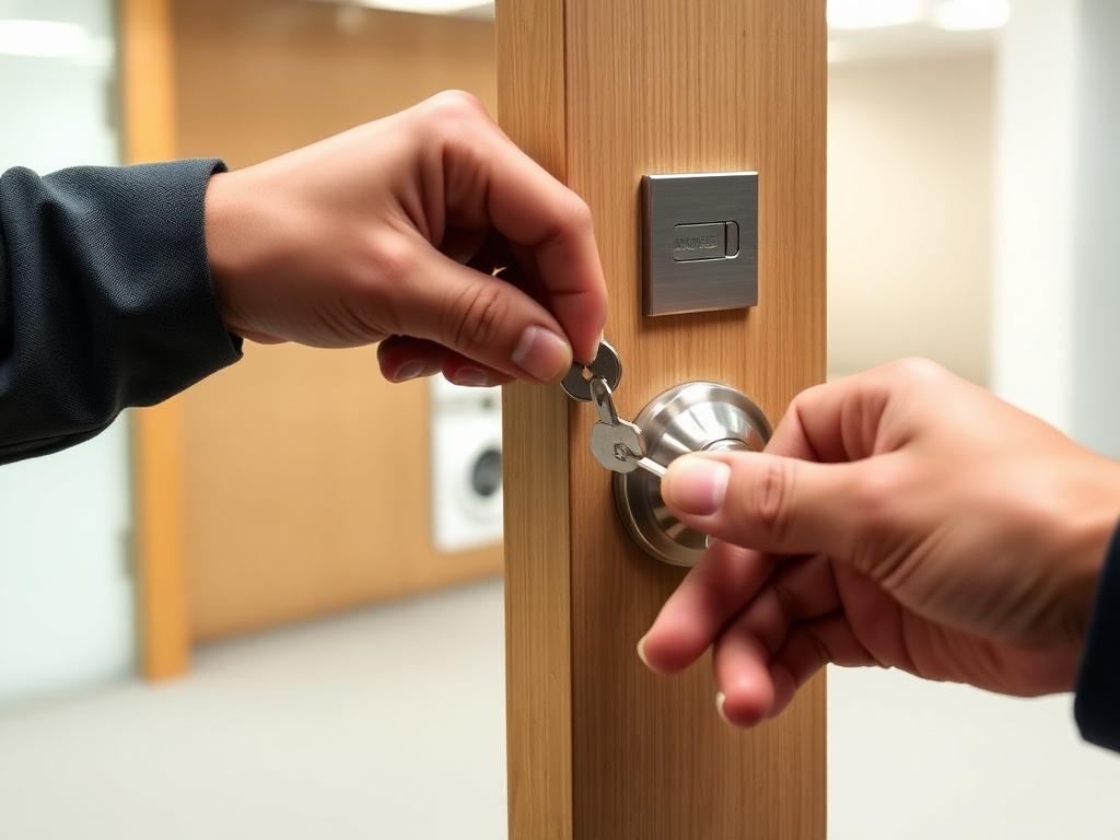 Morrisville Locksmith technician rekeying a commercial office door lock