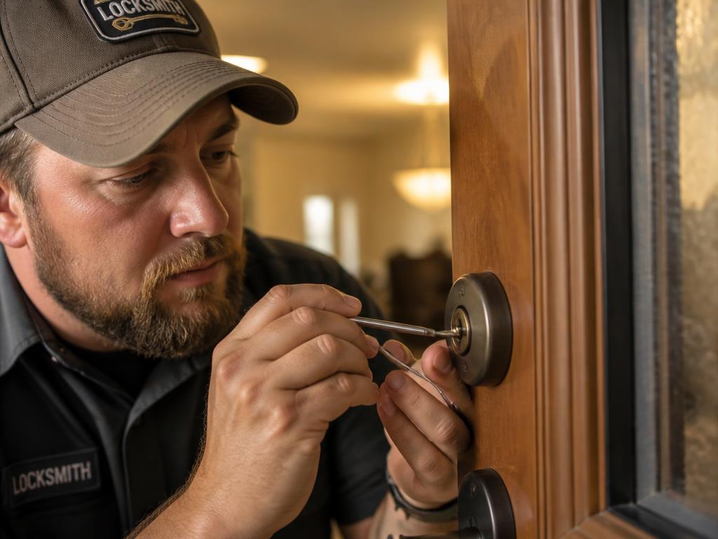 Morrisville Locksmith technician rekeying a residential door lock
