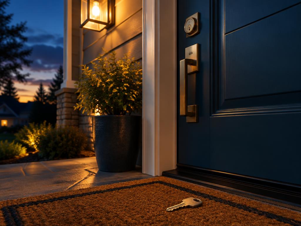 Front door with a deadbolt lock at dusk, representing emergency locksmith assistance in Morrisville NC